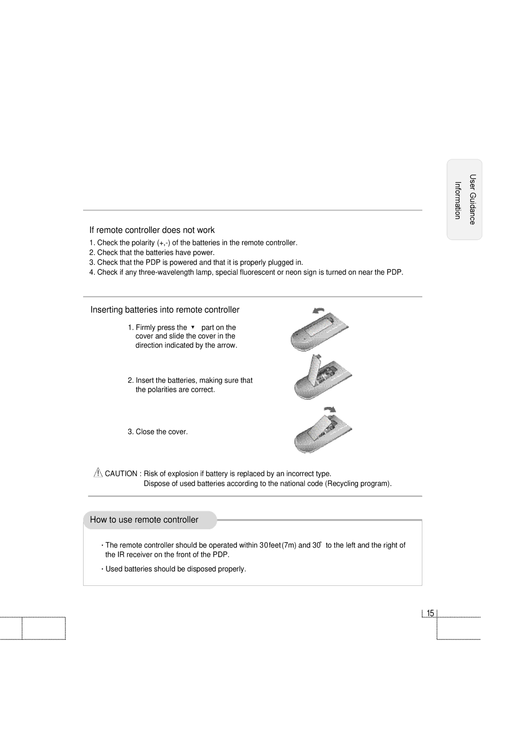 Planar PDP 42 If remote controller does not work, Inserting batteries into remote controller, How to use remote controller 