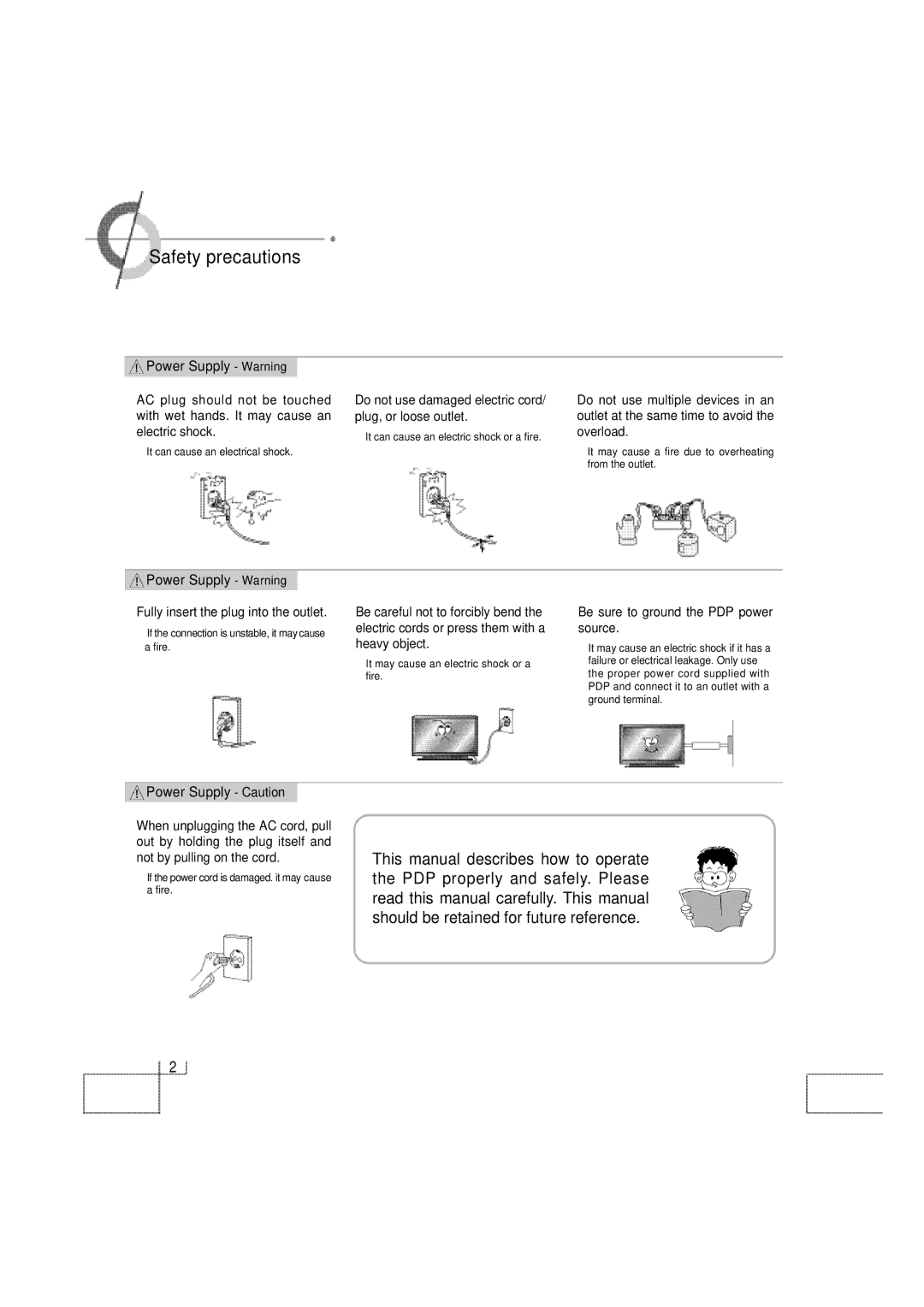 Planar PDP 42 manual ·Safety precautions, Power Supply Warning, Power Supply Caution 