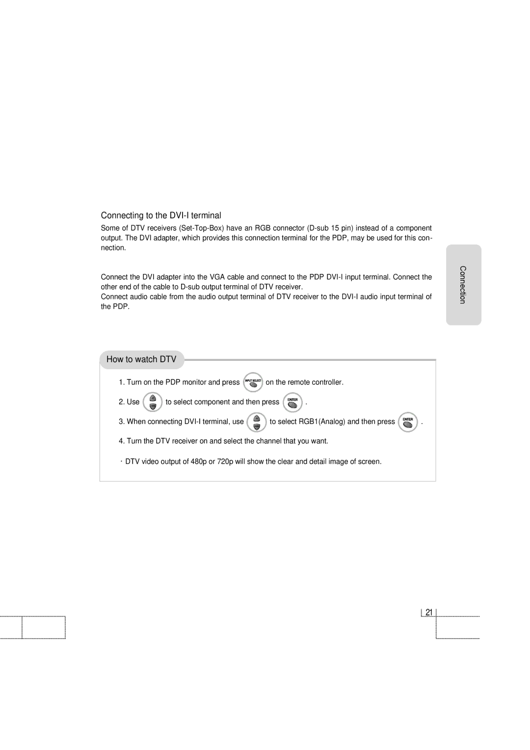 Planar PDP 42 manual Connecting to the DVI-I terminal, How to watch DTV 