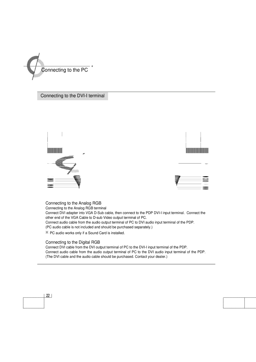 Planar PDP 42 manual ·Connecting to the PC, Connecting to the DVI-I terminal, Connecting to the Analog RGB 