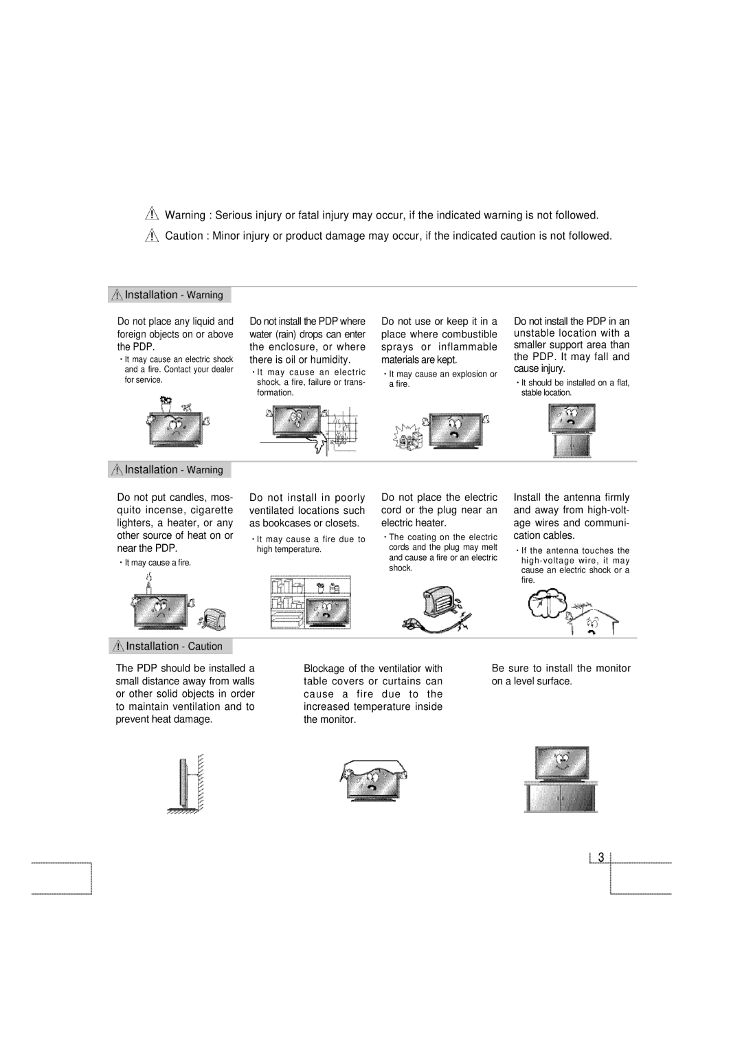 Planar PDP 42 manual Installation Warning, Installation Caution 