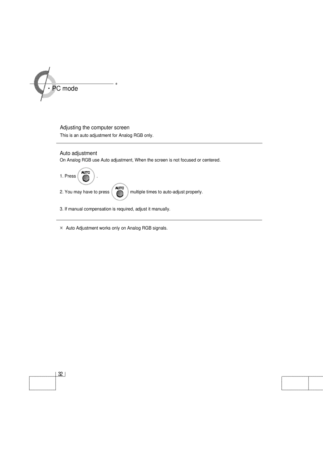 Planar PDP 42 manual ·PC mode, Adjusting the computer screen, Auto adjustment 