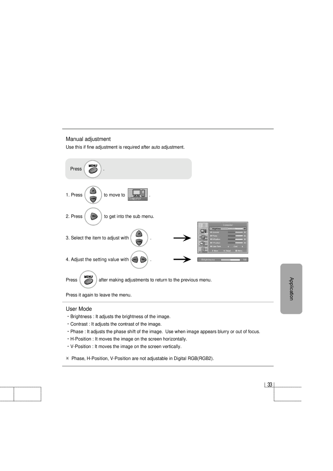 Planar PDP 42 manual Manual adjustment, User Mode 