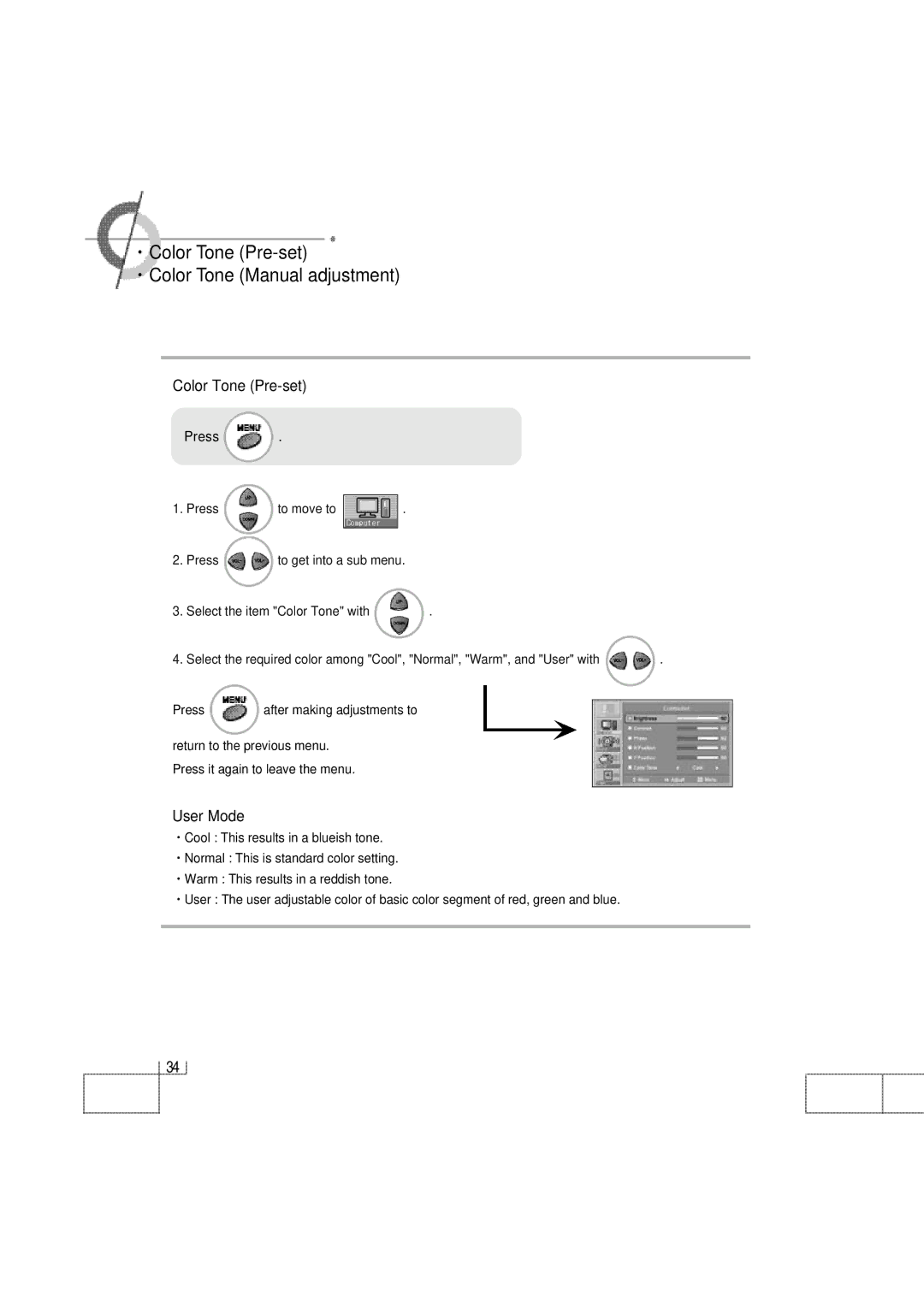 Planar PDP 42 manual ·Color Tone Pre-set ·Color Tone Manual adjustment, Press 