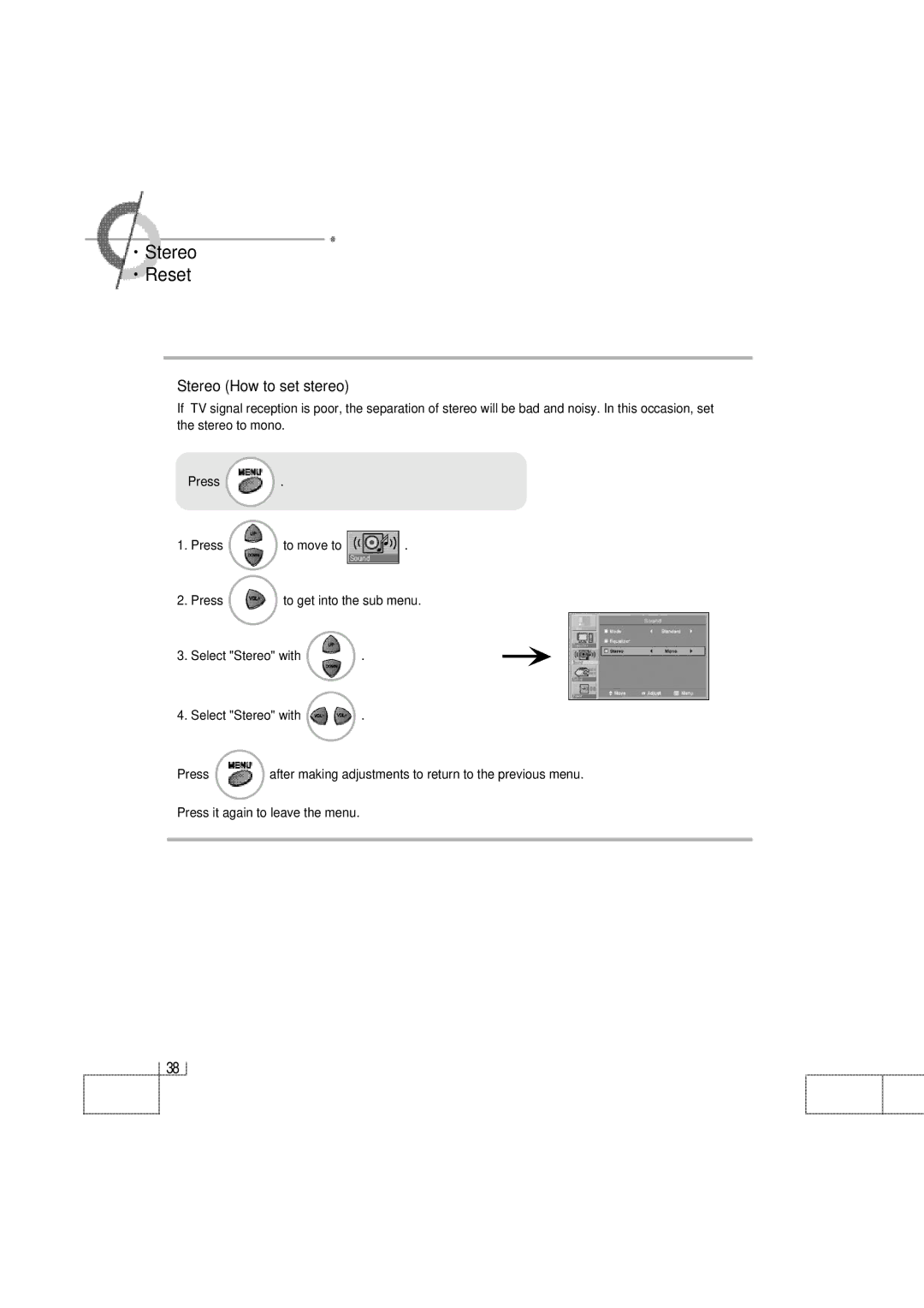 Planar PDP 42 manual ·Stereo ·Reset, Stereo How to set stereo 