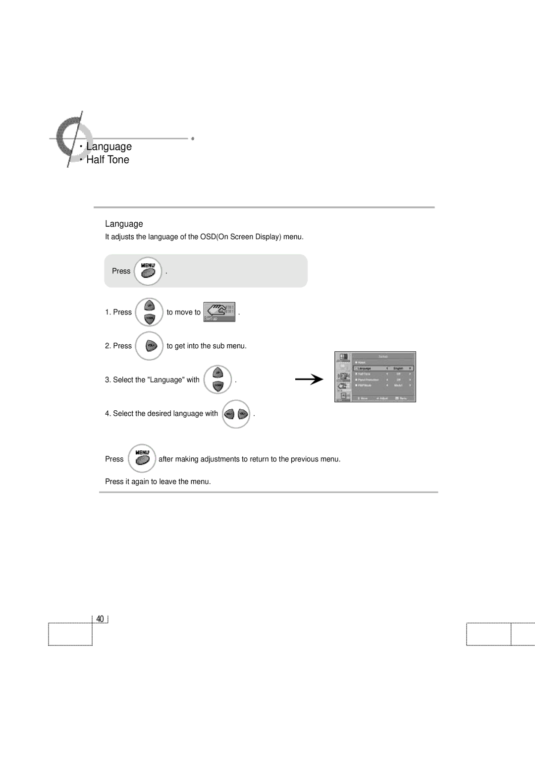 Planar PDP 42 manual ·Language ·Half Tone 