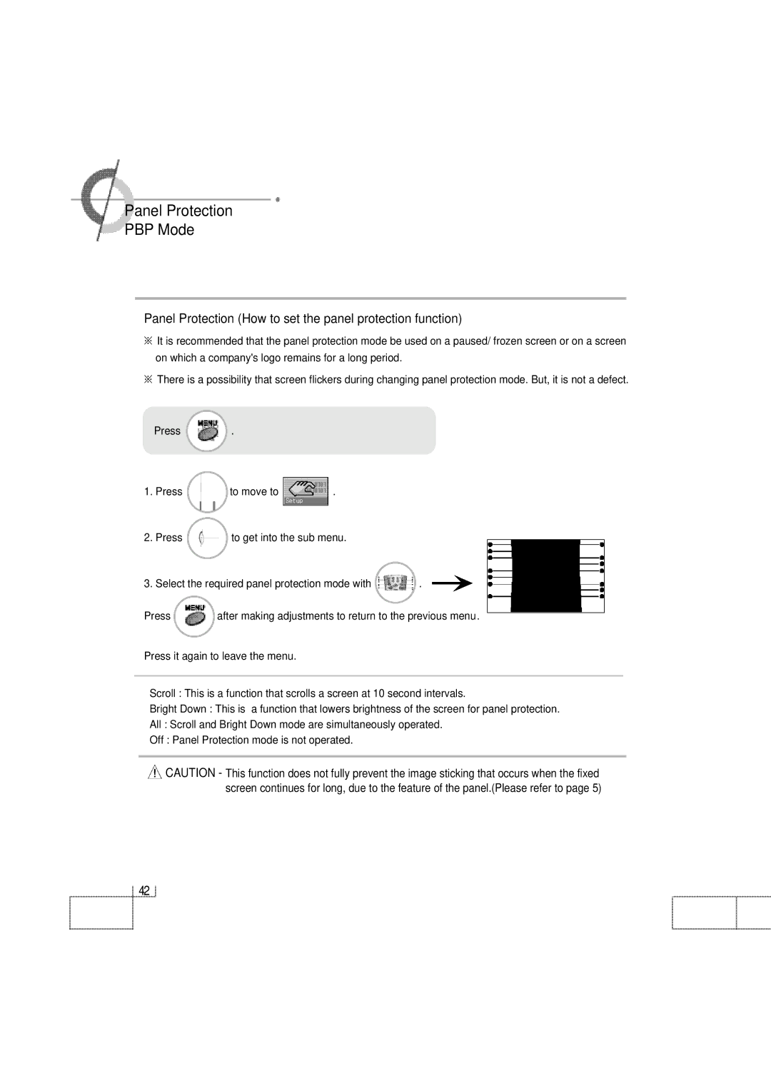 Planar PDP 42 manual ·Panel Protection ·PBP Mode, Panel Protection How to set the panel protection function 