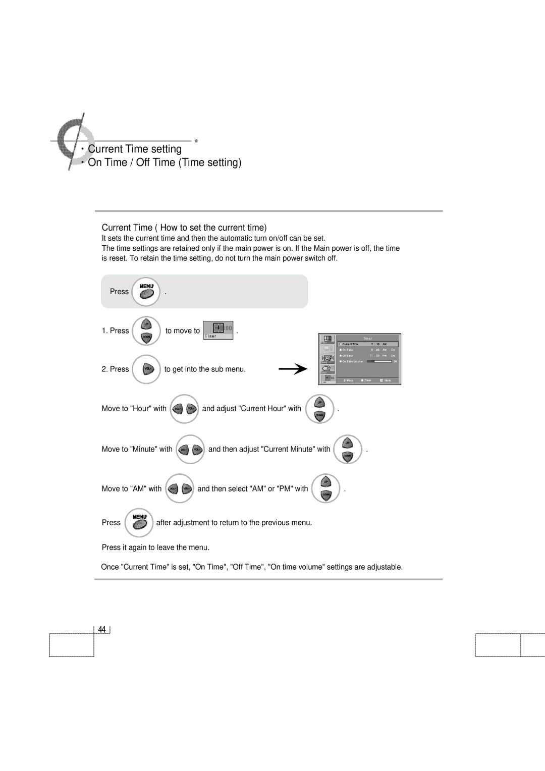 Planar PDP 42 manual ·Current Time setting ·On Time / Off Time Time setting, Current Time How to set the current time 