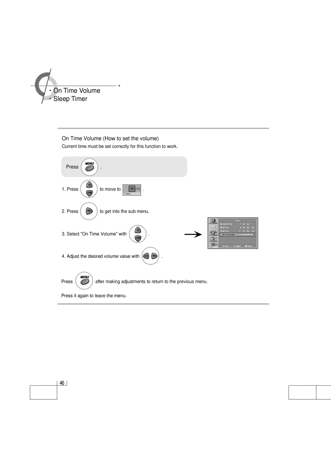 Planar PDP 42 manual ·On Time Volume ·Sleep Timer, On Time Volume How to set the volume 