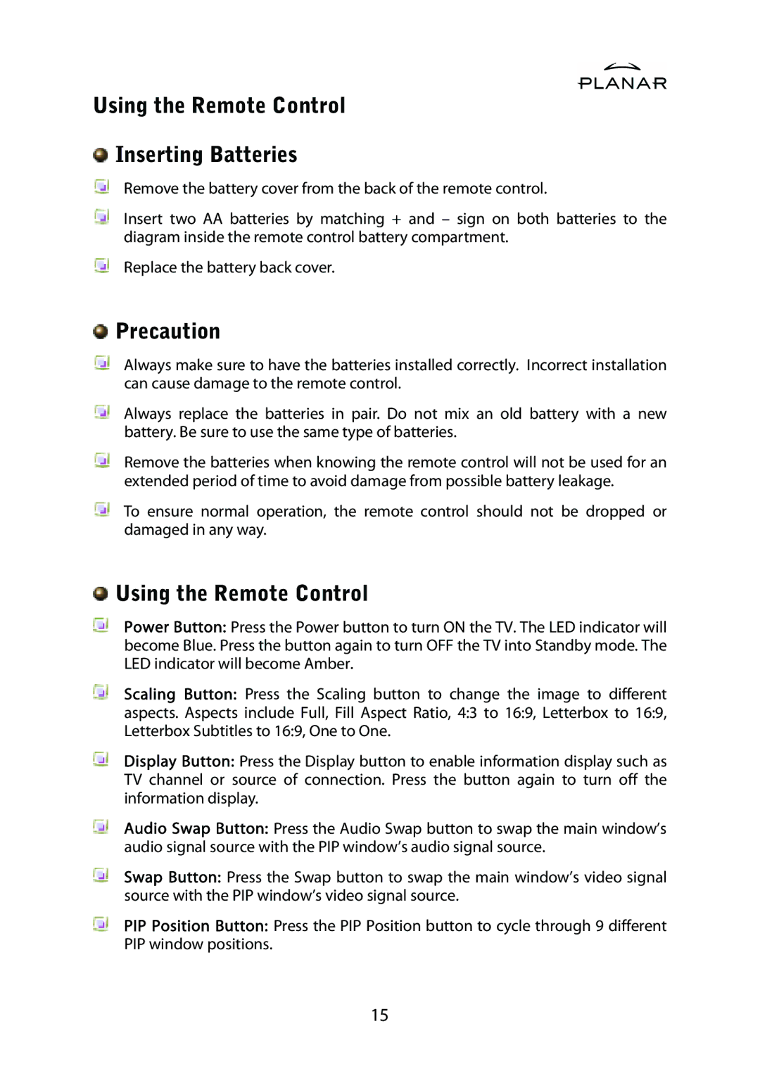 Planar PDP42HD user manual Using the Remote Control Inserting Batteries, Precaution 