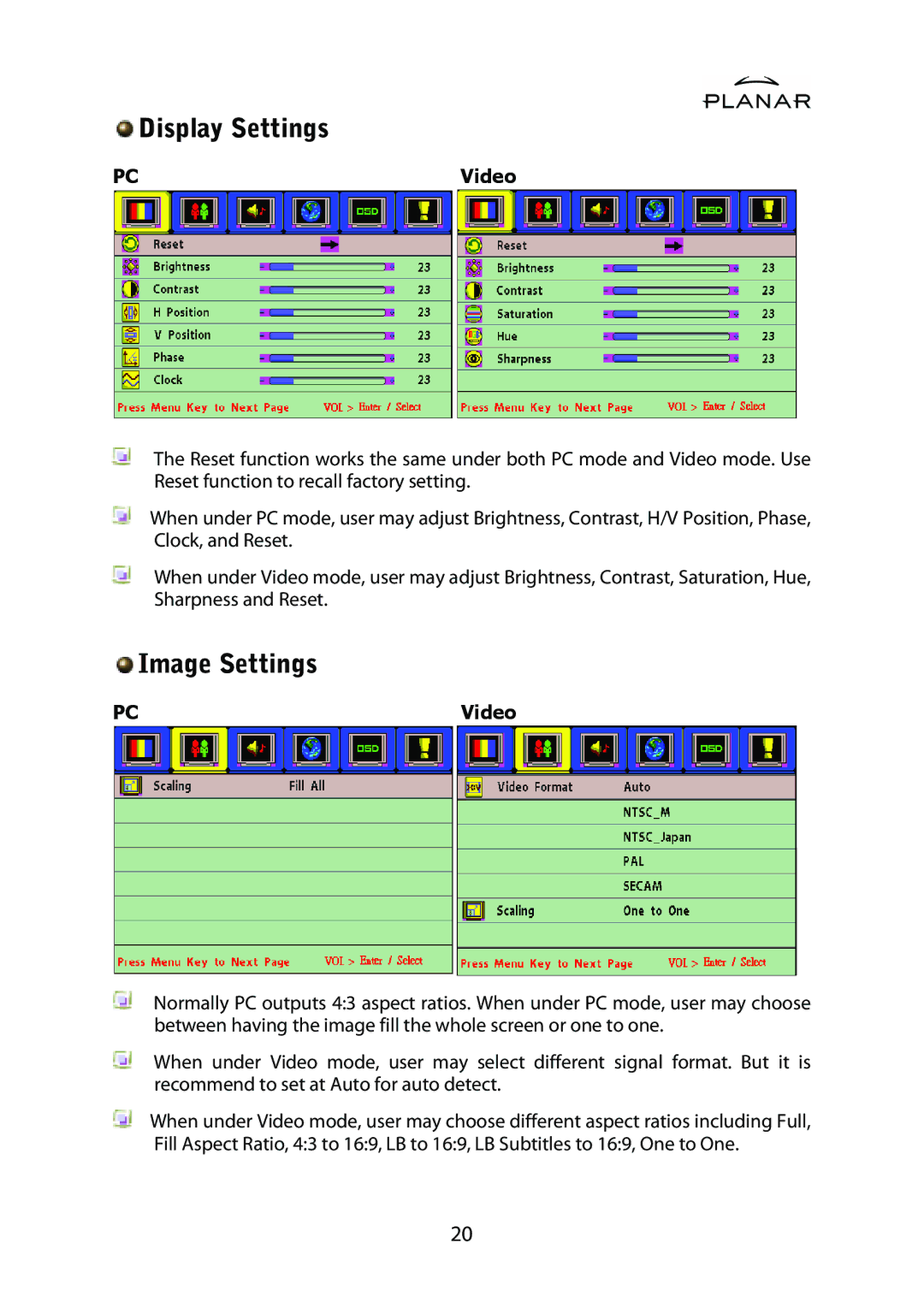 Planar PDP42HD user manual Display Settings, Image Settings 