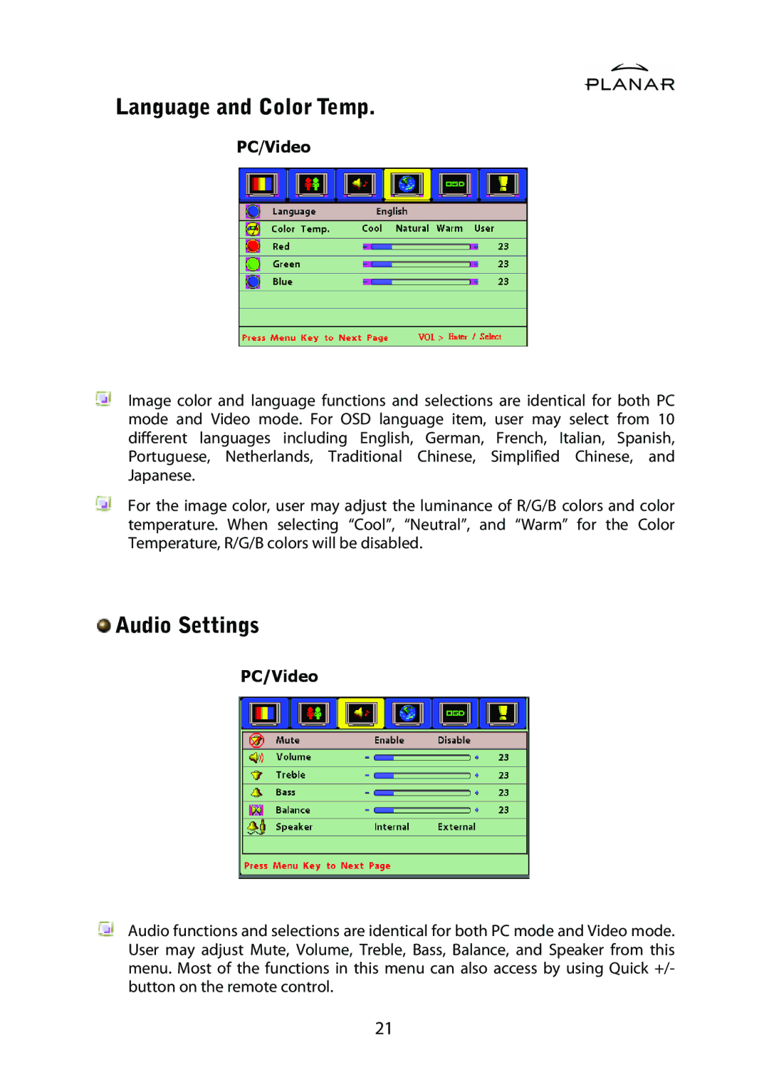 Planar PDP42HD user manual Language and Color Temp, Audio Settings 