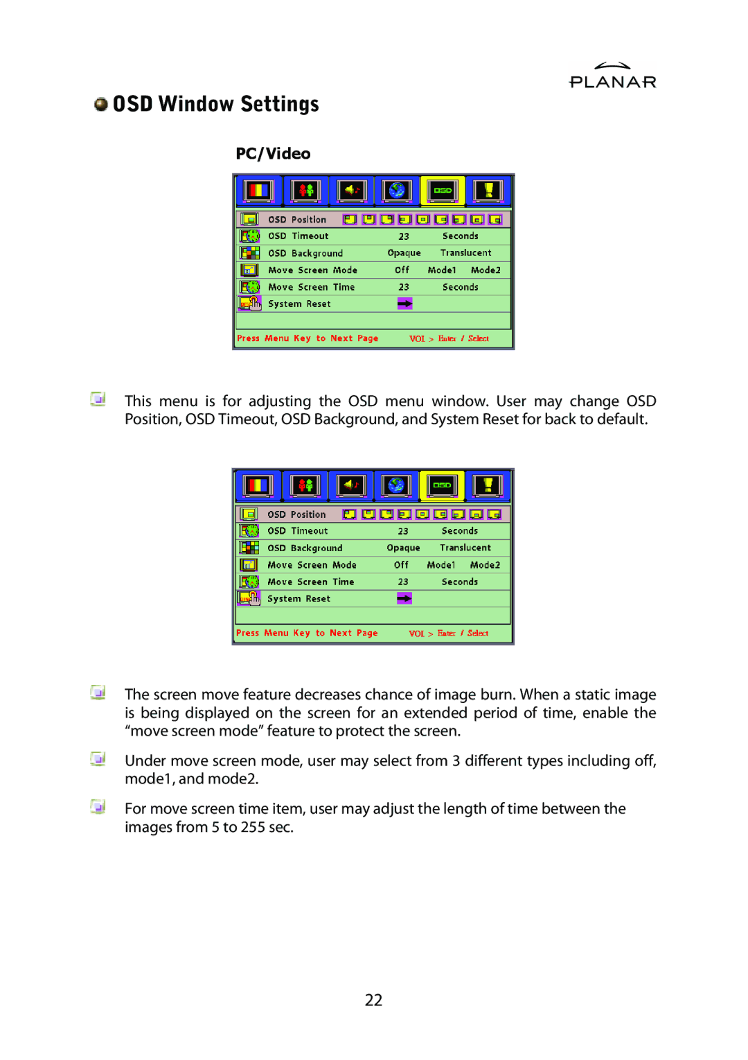 Planar PDP42HD user manual OSD Window Settings 