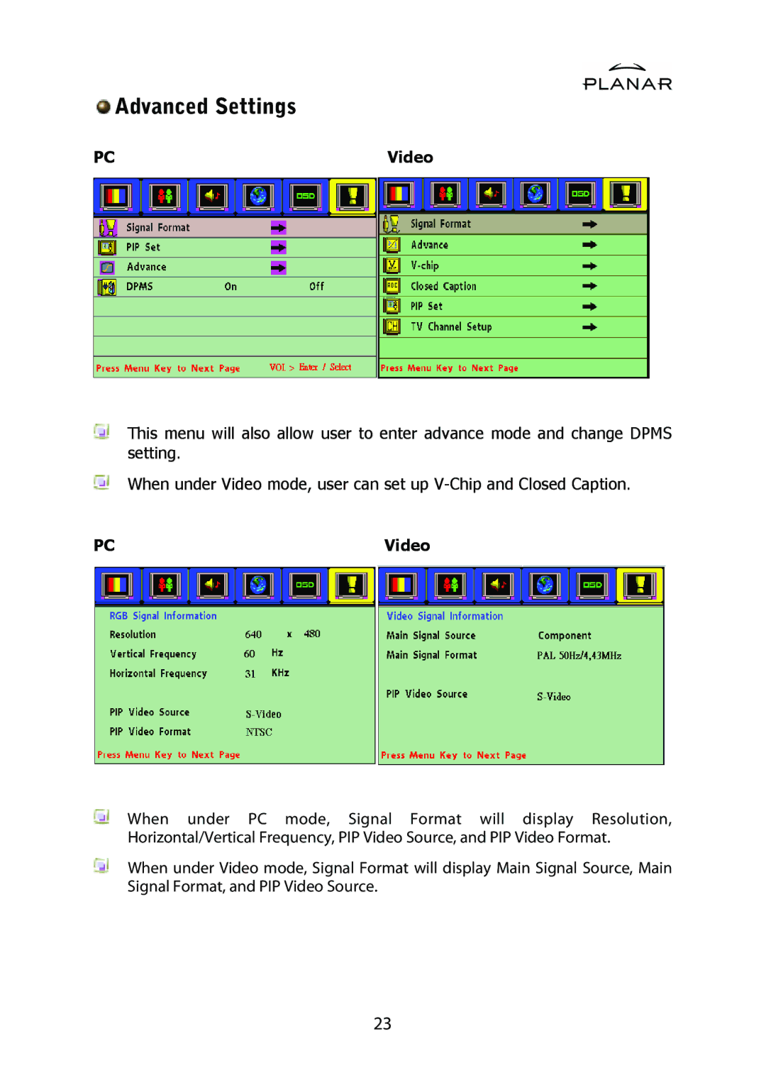 Planar PDP42HD user manual Advanced Settings 