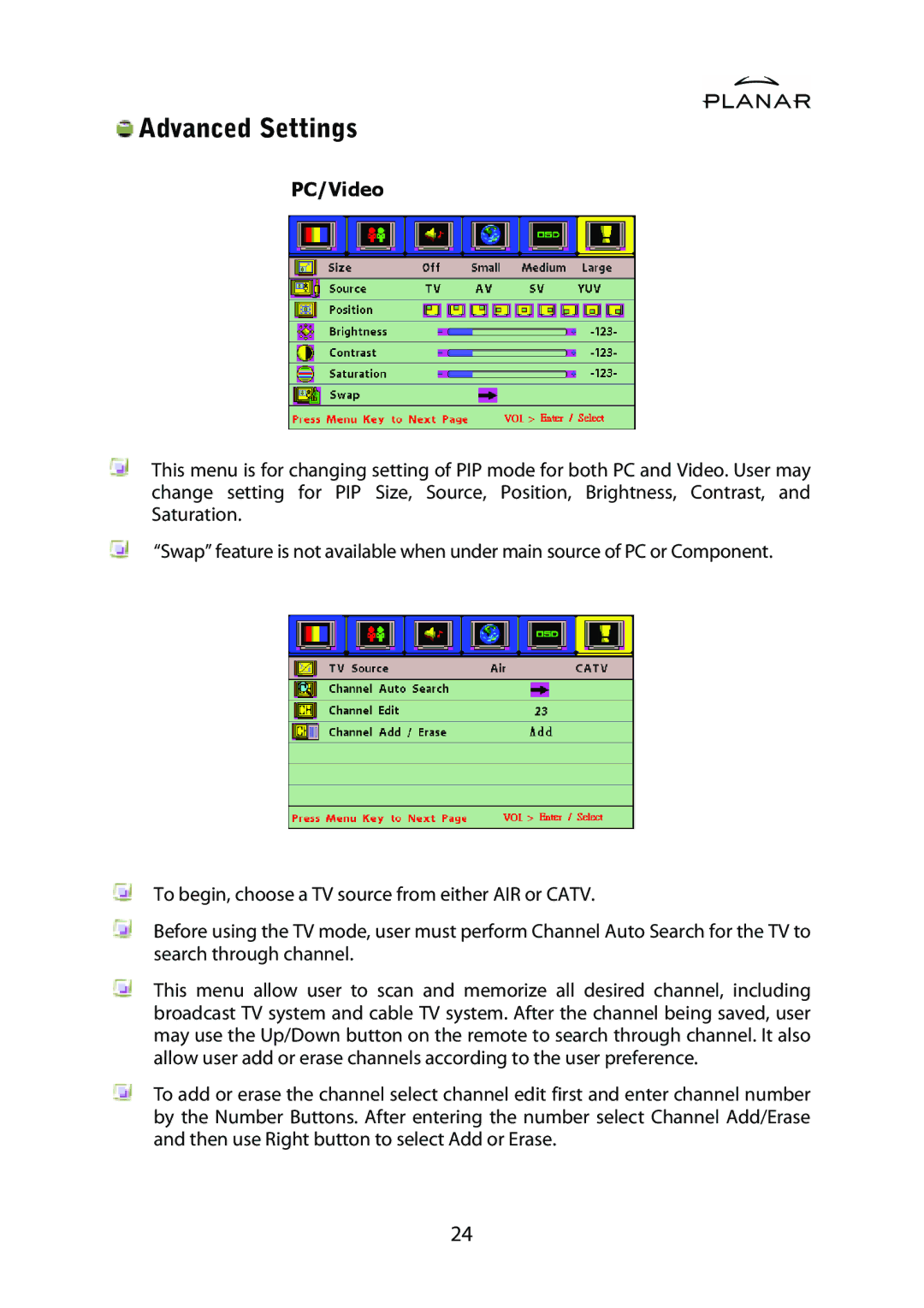 Planar PDP42HD user manual Advanced Settings 