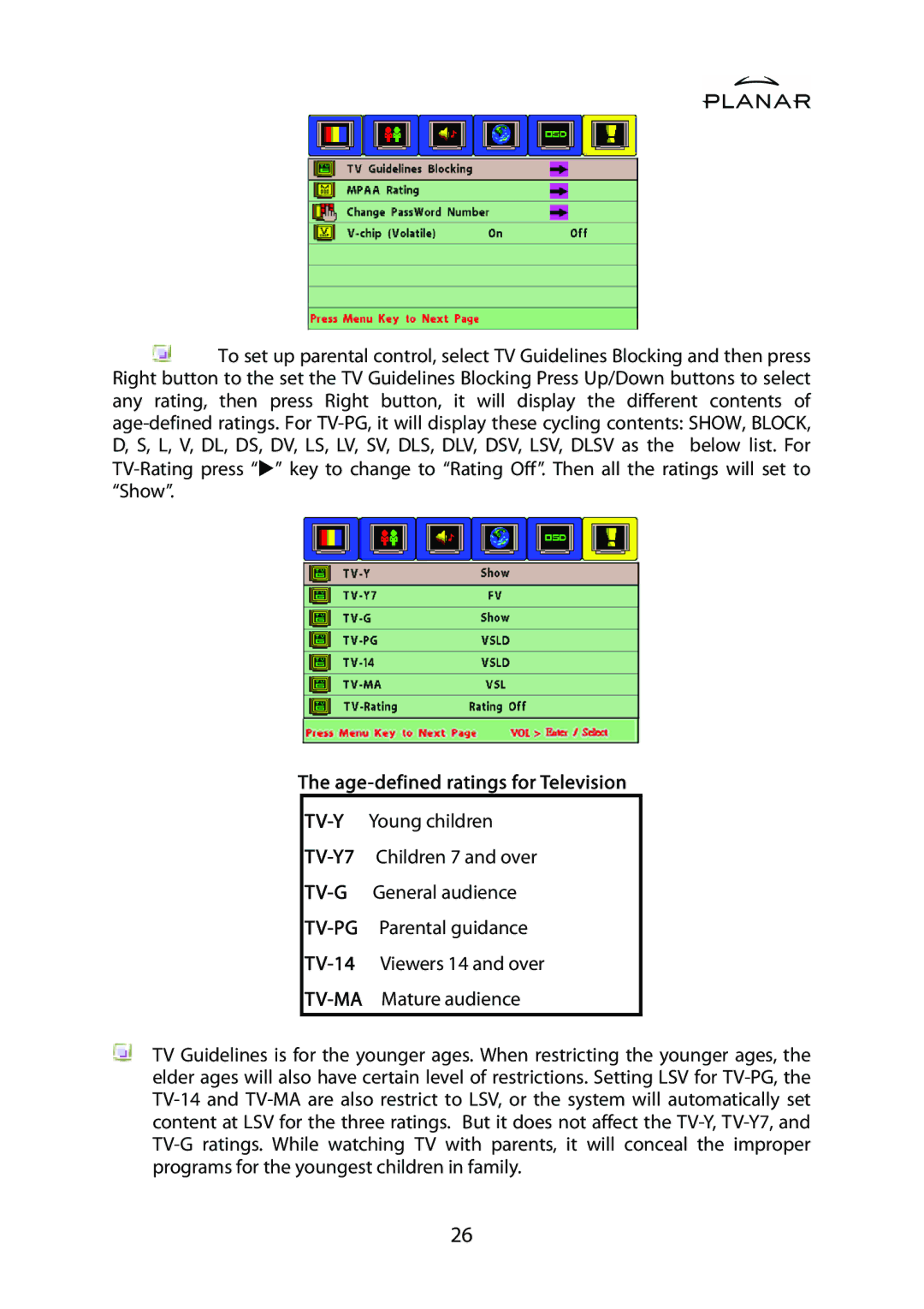 Planar PDP42HD user manual Age-defined ratings for Television 