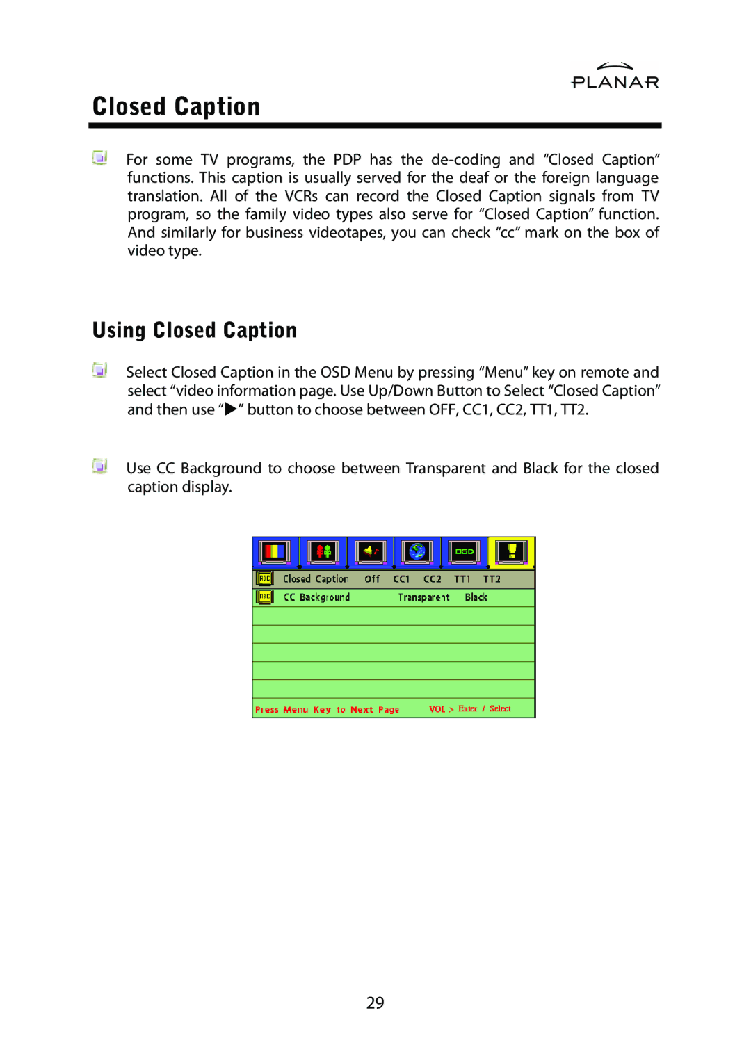 Planar PDP42HD user manual Using Closed Caption 