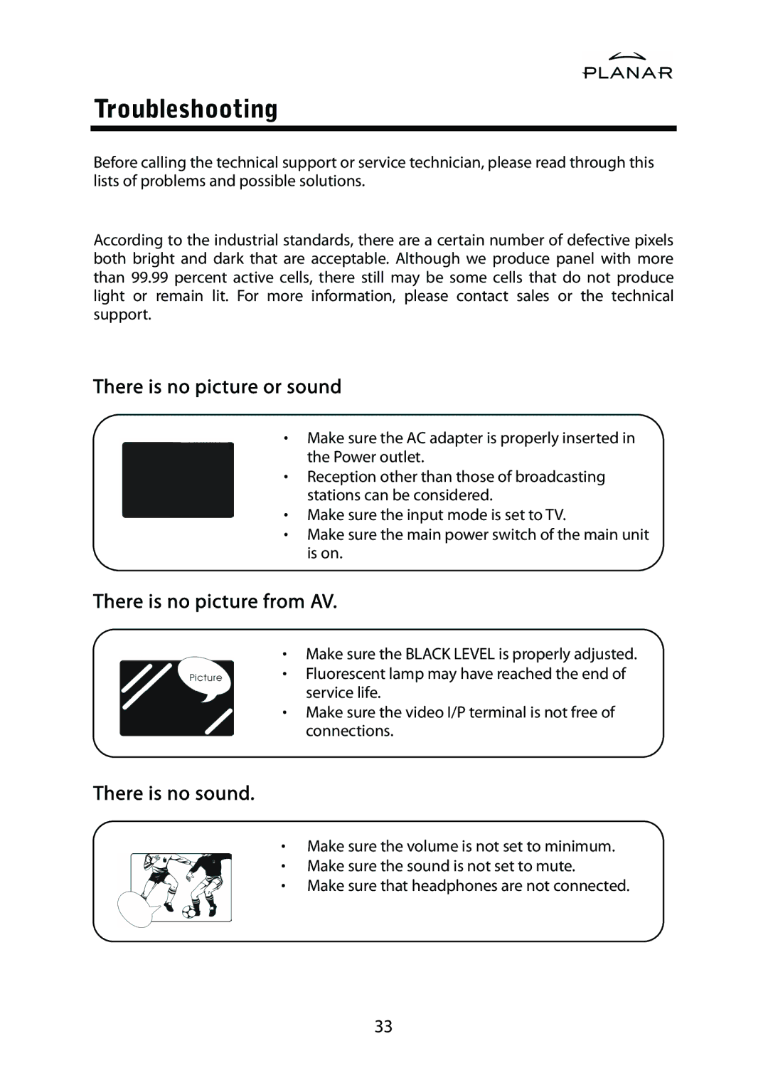 Planar PDP42HD user manual Troubleshooting, There is no picture or sound 