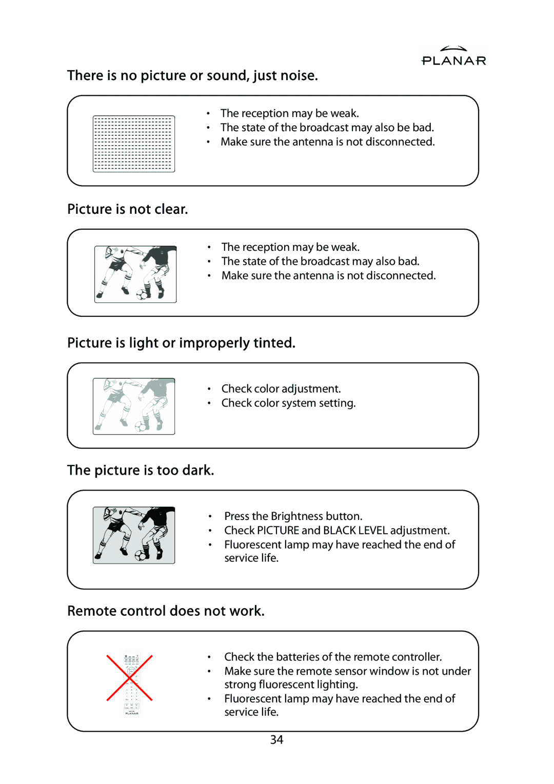 Planar PDP42HD user manual Picture is light or improperly tinted 