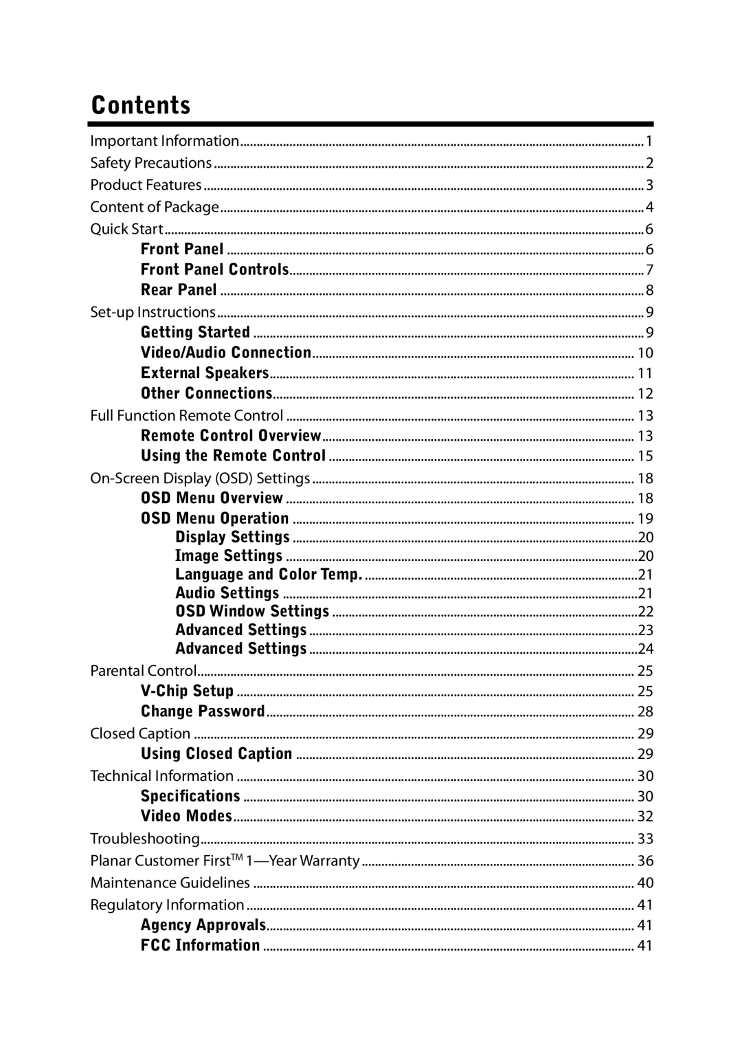 Planar PDP42HD user manual Contents 