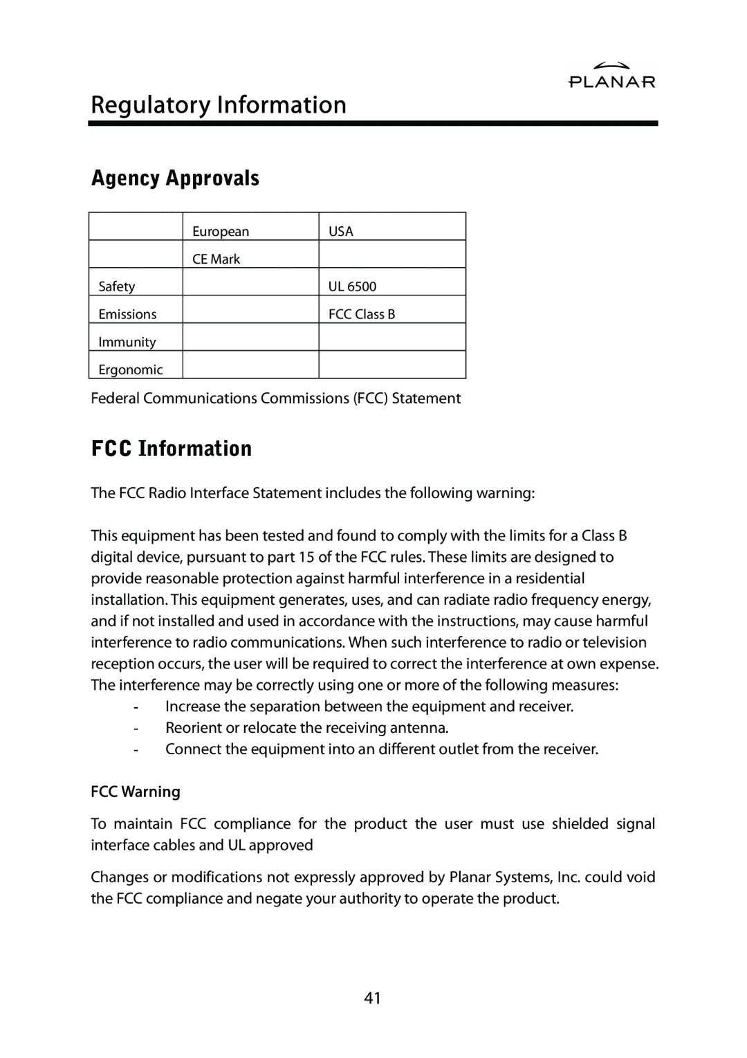 Planar PDP42HD user manual Regulatory Information, Agency Approvals, FCC Information, FCC Warning 