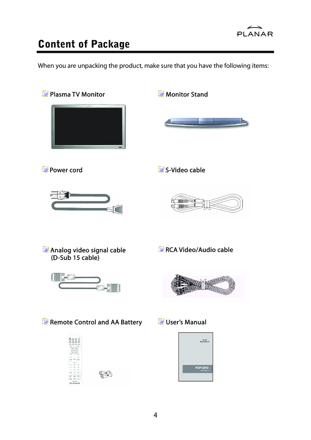 Planar PDP42HD user manual Content of Package, Plasma TV Monitor, Power cord, Analog video signal cable 