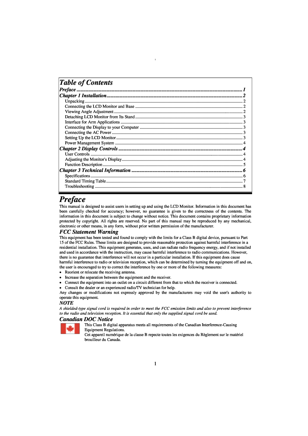 Planar PE150 Preface, FCC Statement Warning, Canadian DOC Notice, Installation, Display Controls, Technical Information 