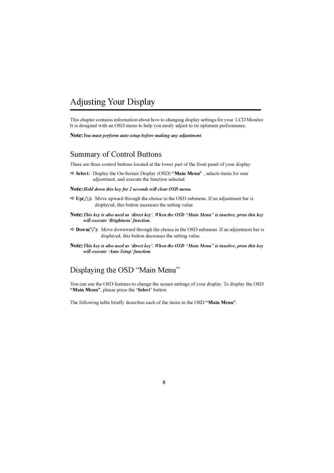 Planar PE1500 manual Adjusting Your Display, Summary of Control Buttons, Displaying the OSD Main Menu 