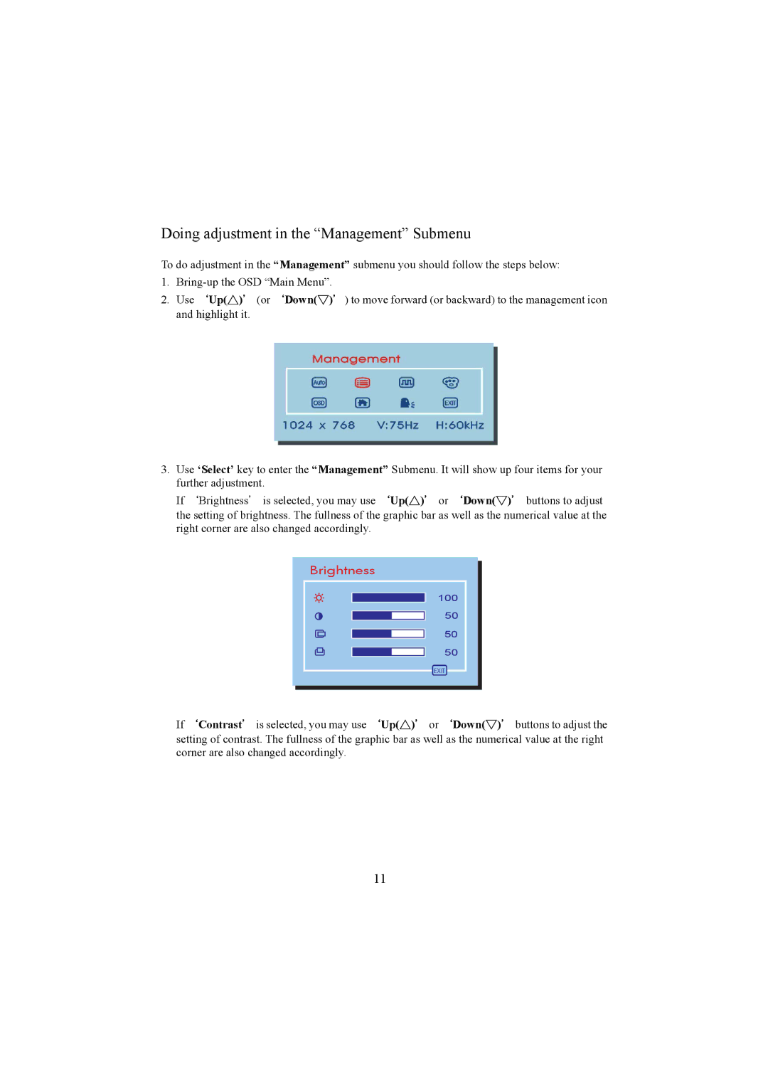 Planar PE1500 manual Doing adjustment in the Management Submenu 