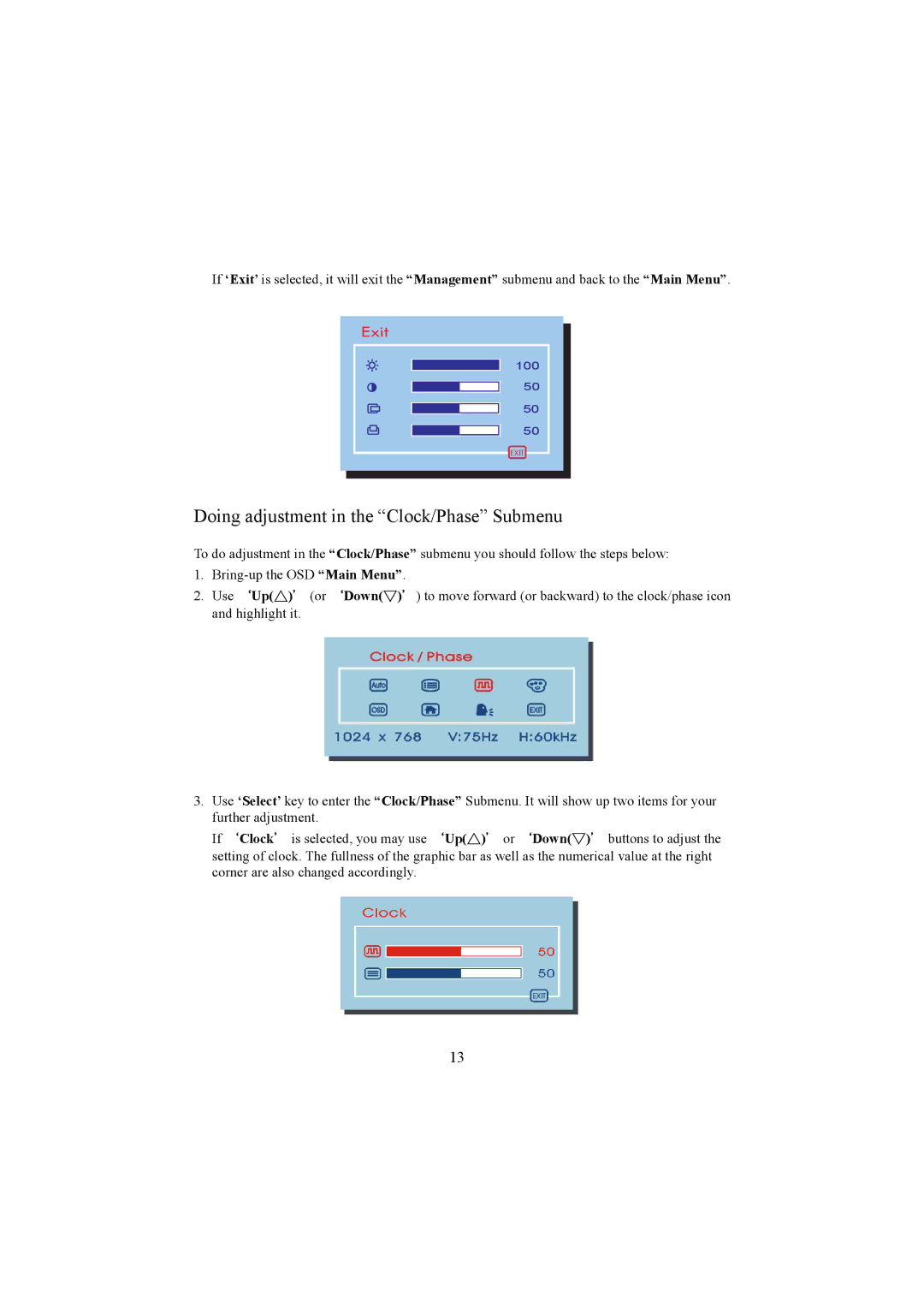 Planar PE1500 manual Doing adjustment in the Clock/Phase Submenu 