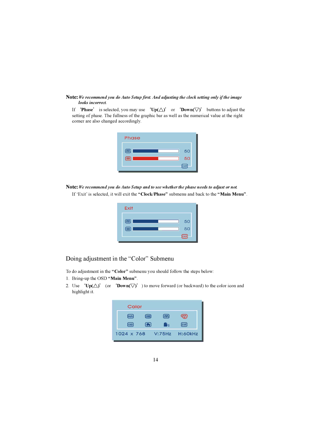 Planar PE1500 manual Doing adjustment in the Color Submenu 