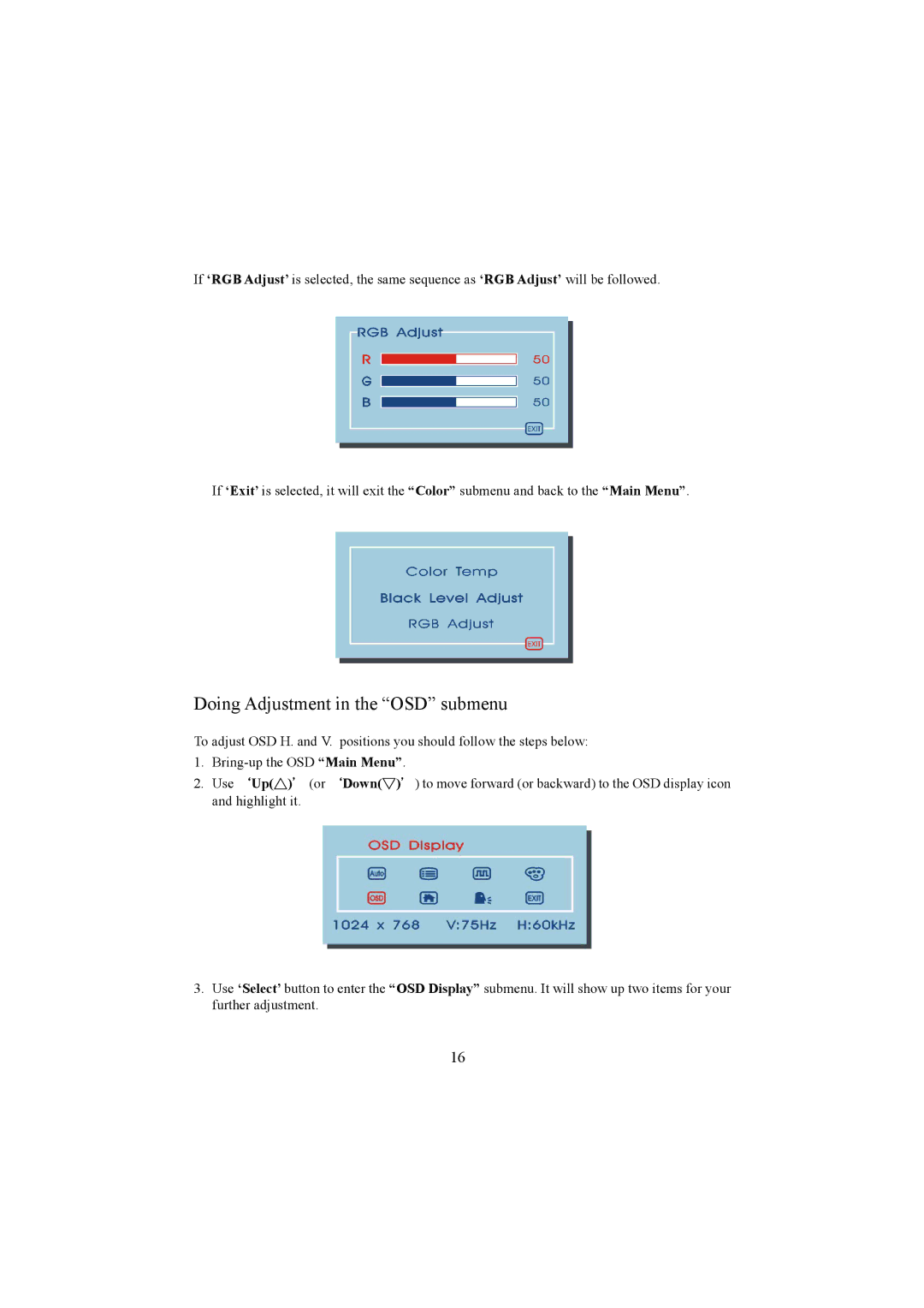 Planar PE1500 manual Doing Adjustment in the OSD submenu 