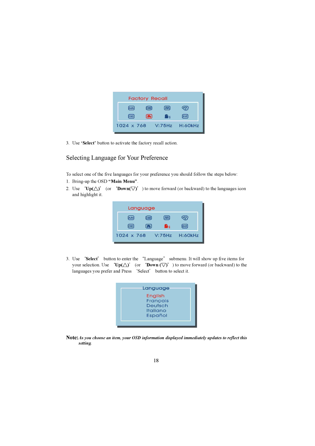 Planar PE1500 manual Selecting Language for Your Preference 