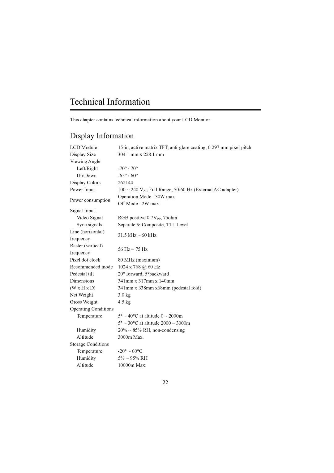 Planar PE1500 manual Technical Information, Display Information 