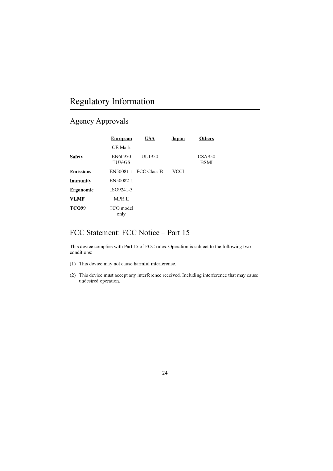 Planar PE1500 manual Regulatory Information, Agency Approvals, FCC Statement FCC Notice Part 