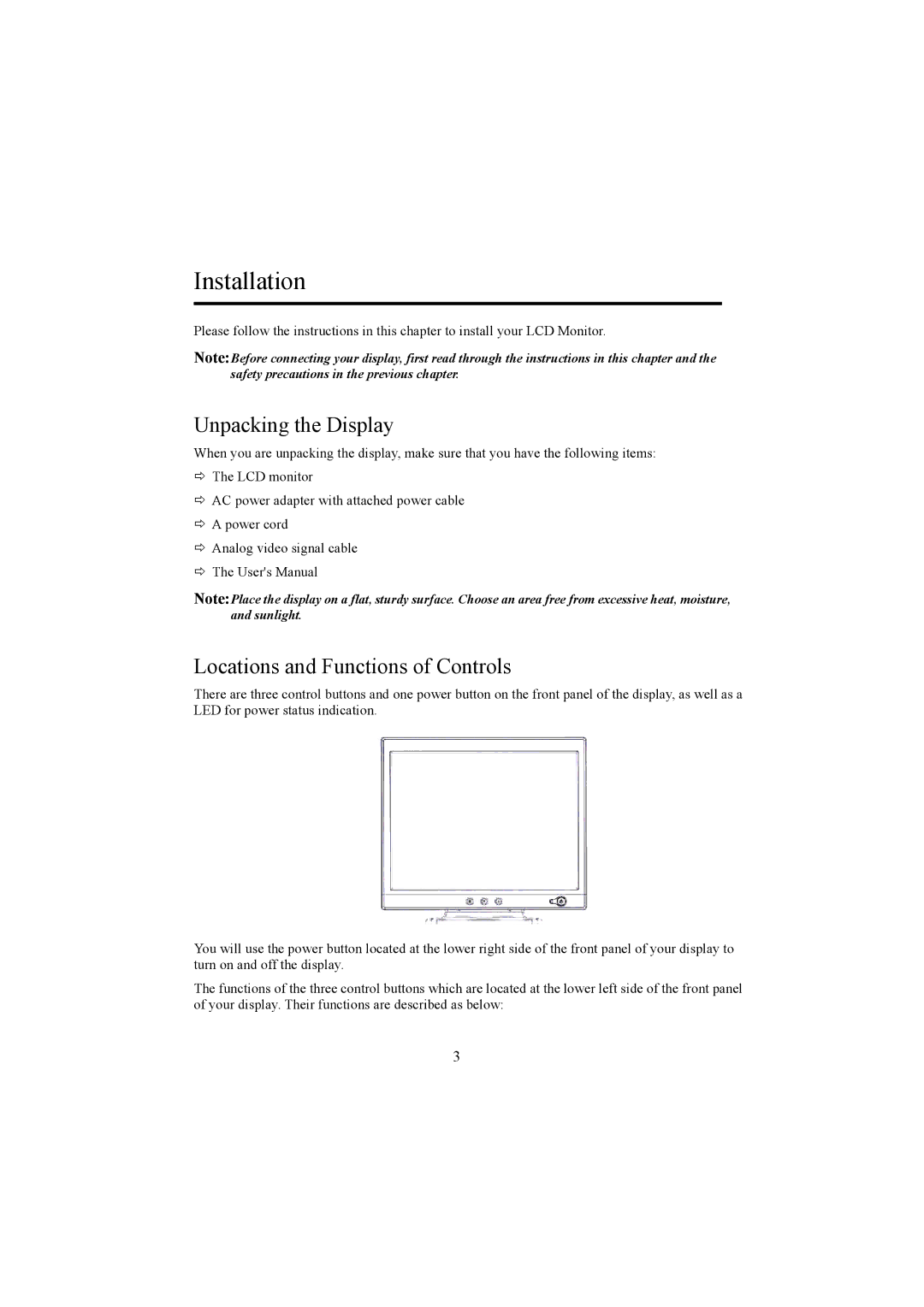 Planar PE1500 manual Installation, Unpacking the Display, Locations and Functions of Controls 