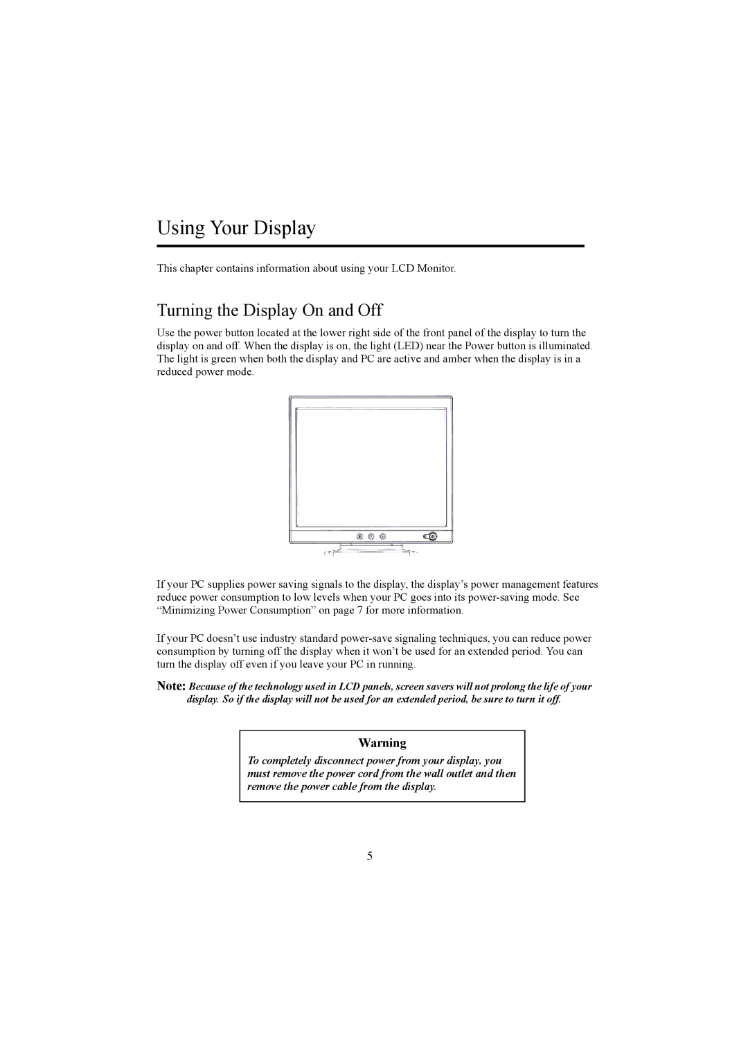 Planar PE1500 manual Using Your Display, Turning the Display On and Off 