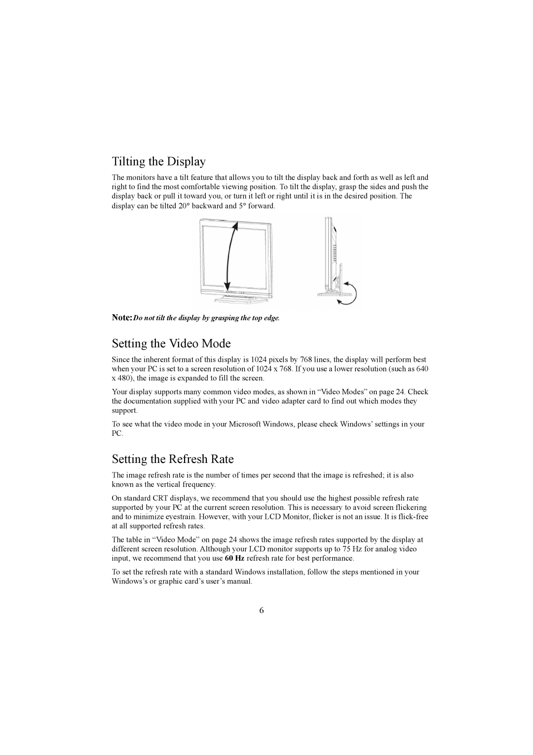 Planar PE1500 manual Tilting the Display, Setting the Video Mode, Setting the Refresh Rate 