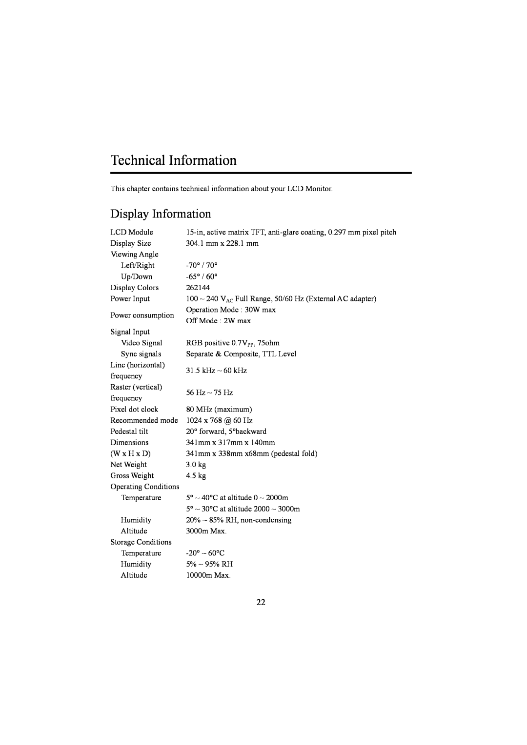 Planar PE1500 manual Technical Information, Display Information 