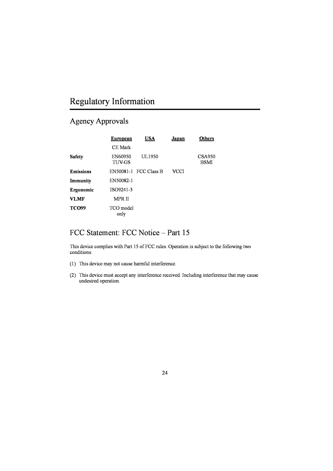 Planar PE1500 Regulatory Information, Agency Approvals, FCC Statement FCC Notice - Part, European, Japan, Safety, Immunity 