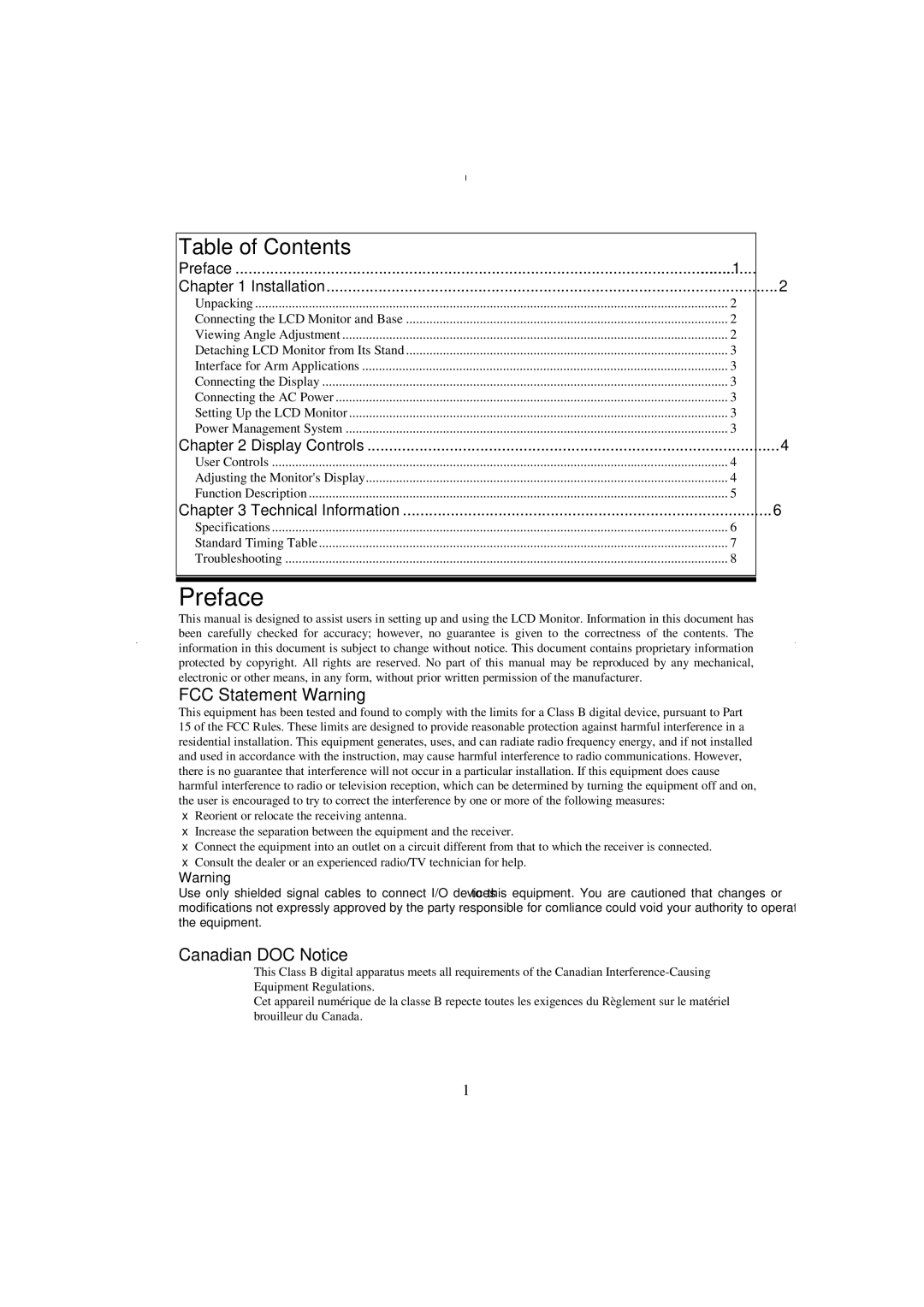 Planar PE170 manual Preface, Table of Contents 