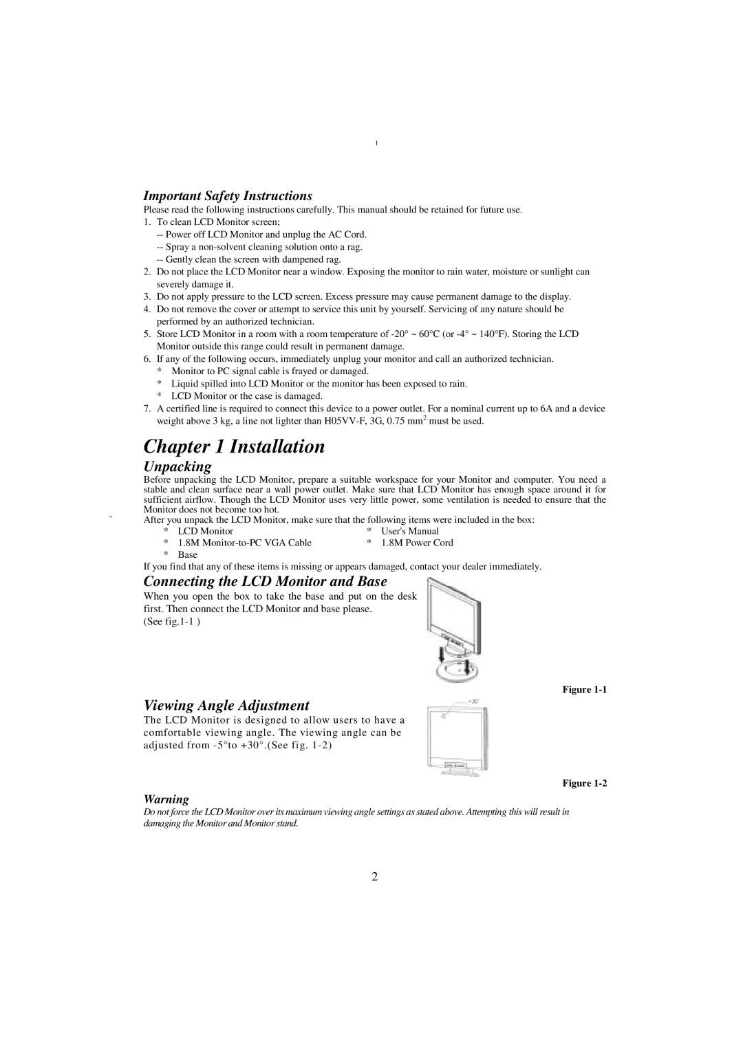 Planar PE170 manual Installation, Unpacking, Connecting the LCD Monitor and Base, Viewing Angle Adjustment 