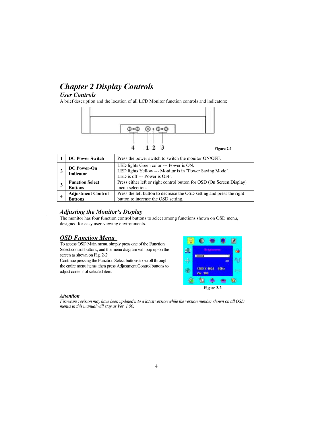 Planar PE170 manual Display Controls, User Controls, Adjusting the Monitors Display, OSD Function Menu 