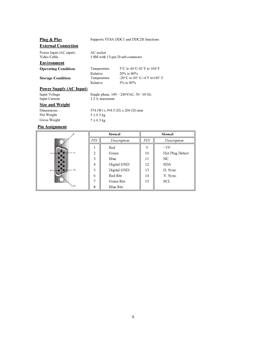 Planar PE170 manual Plug & Play, External Connection, Environment, Power Supply AC Input, Size and Weight, Pin Assignment 