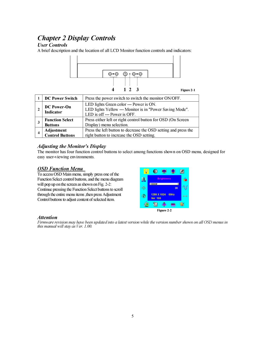 Planar PE170 manual Display Controls, User Controls, Adjusting the Monitors Display, OSD Function Menu 