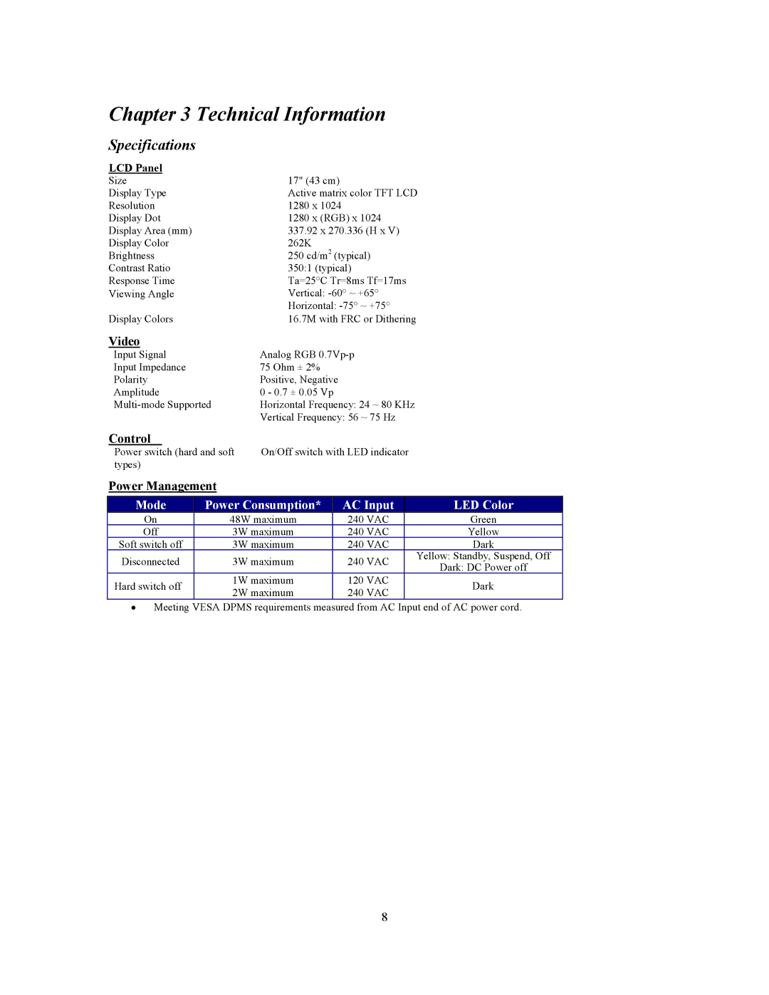 Planar PE170 manual Technical Information, Specifications, Video, Control, Power Management 