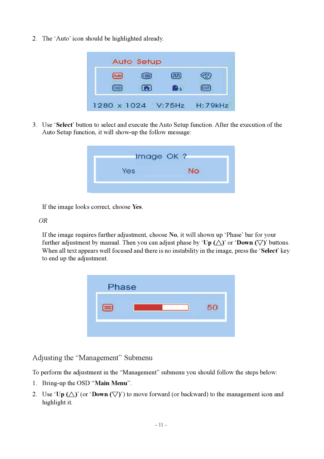 Planar PE1700 manual Adjusting the Management Submenu 