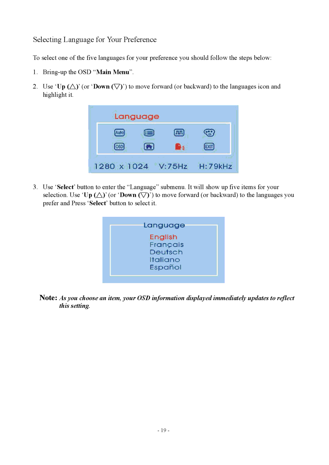 Planar PE1700 manual Selecting Language for Your Preference 