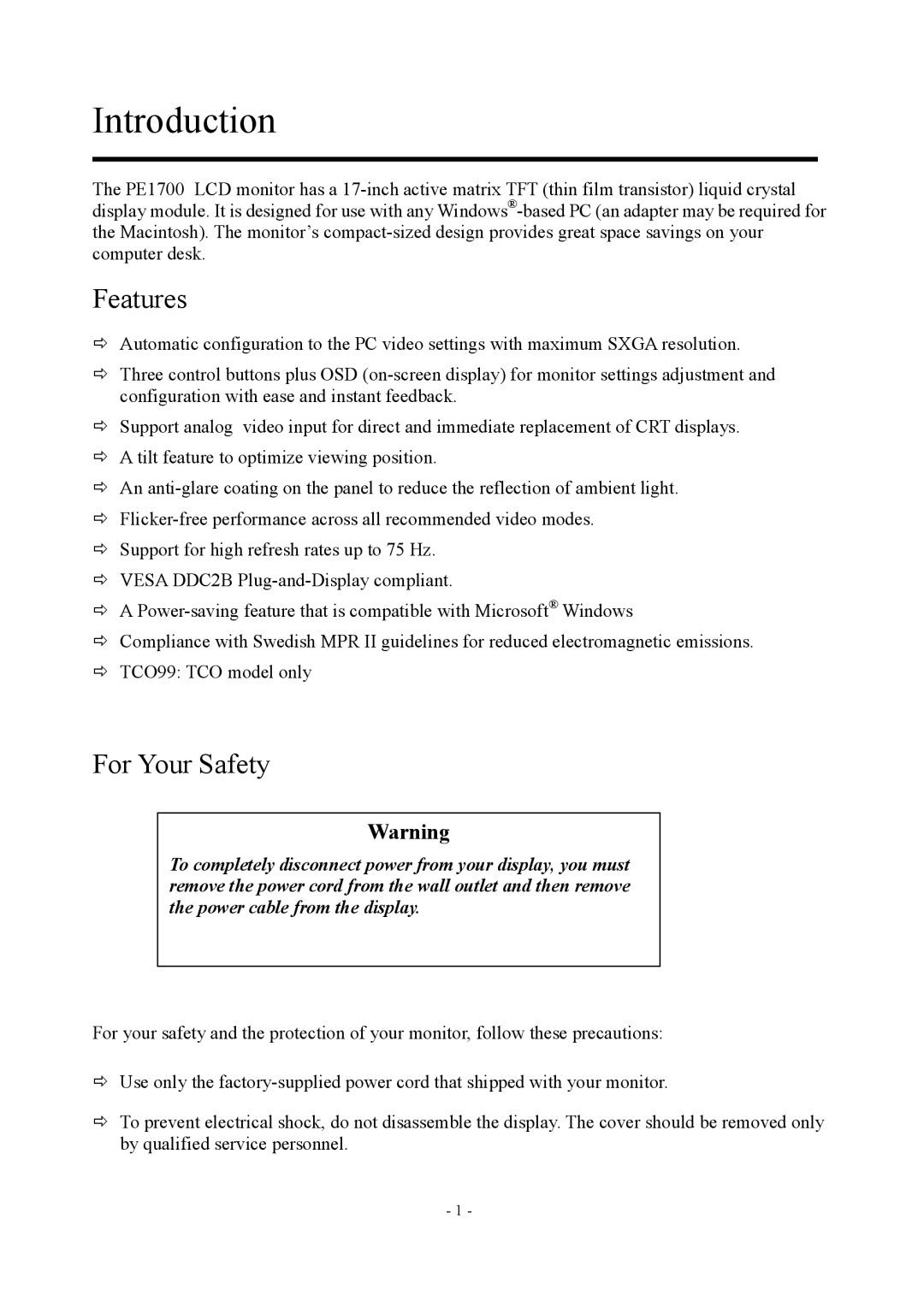 Planar PE1700 manual Introduction, Features, For Your Safety 