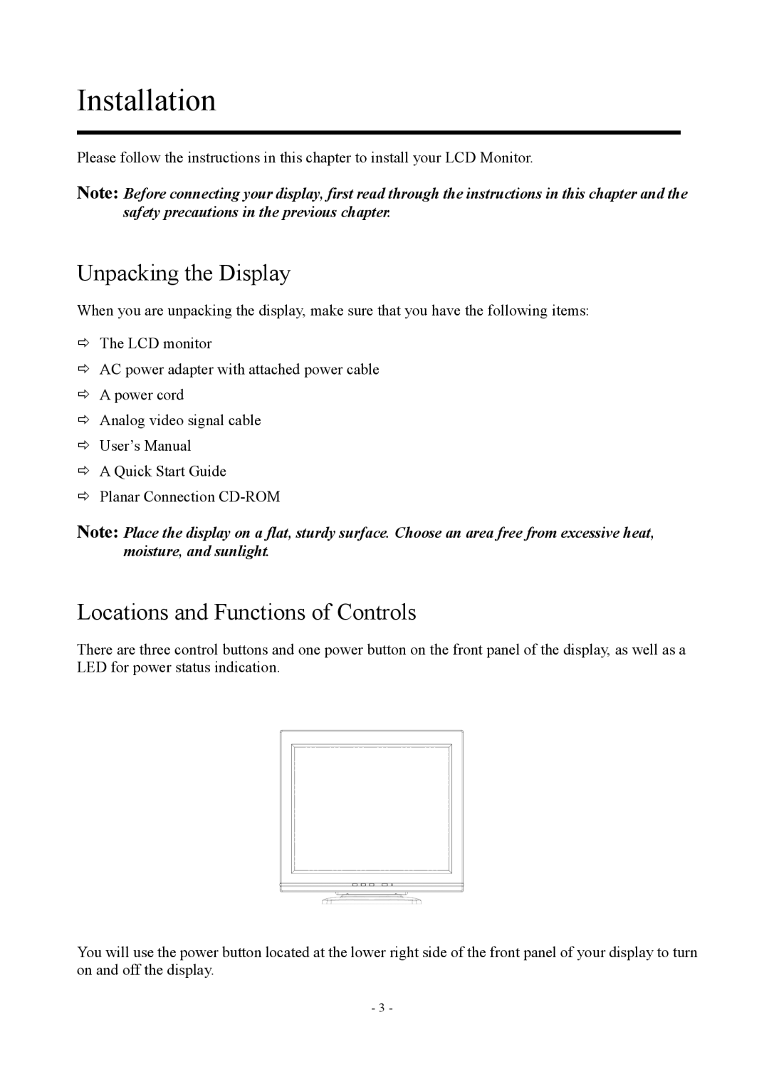 Planar PE1700 manual Installation, Unpacking the Display, Locations and Functions of Controls 